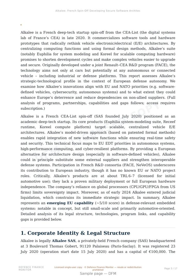 Sample page from “Alkalee: French Spin-Off Developing Secure Software Architectures for Autonomous and Connected Vehicles” — 18-page report