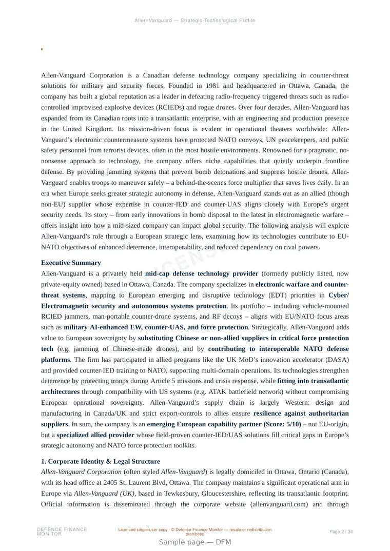 Sample page from “Allen-Vanguard — Strategic-Technological Profile” — 35-page report