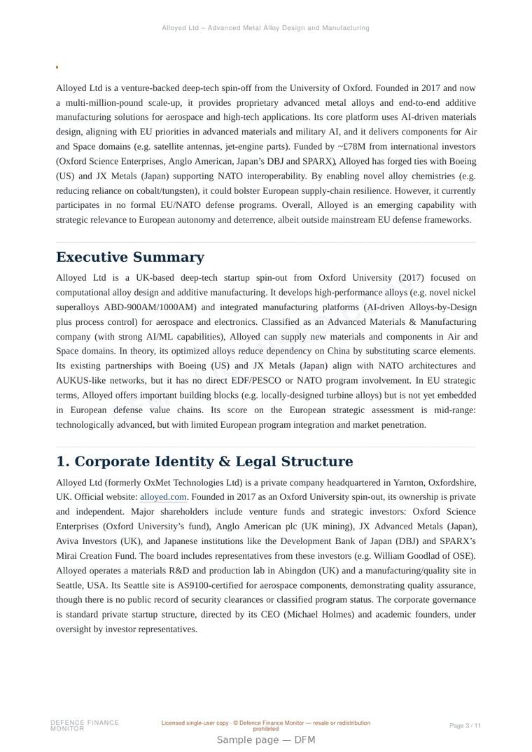 Sample page from “Alloyed Ltd – Advanced Metal Alloy Design and Manufacturing” — 12-page report