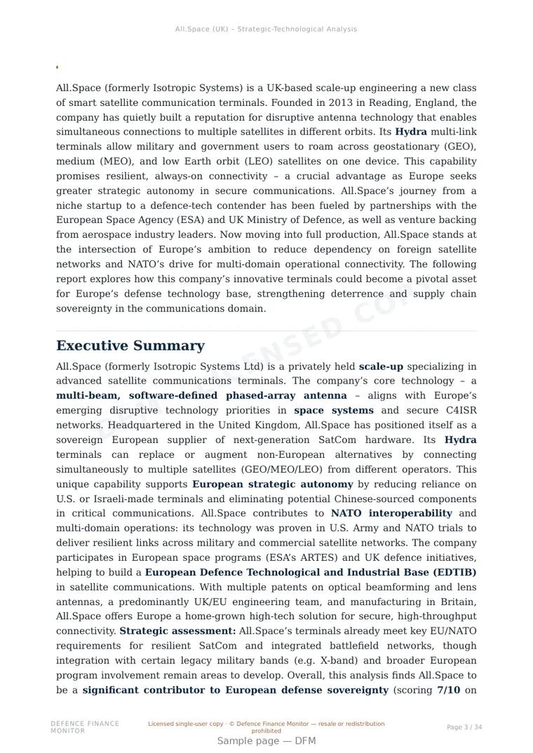 Sample page from “All.Space — United Kingdom satellite communications company” — 35-page report