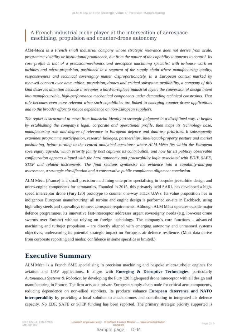 Sample page from “ALM-Méca and the Strategic Value of Precision Manufacturing in Europe’s Defence Supply Chain” — 10-page report