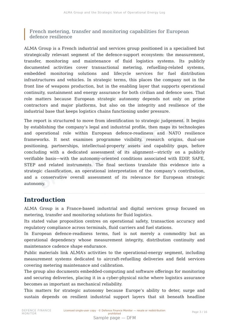 Sample page from “ALMA Group and the Strategic Value of Operational Energy Logistics” — 17-page report