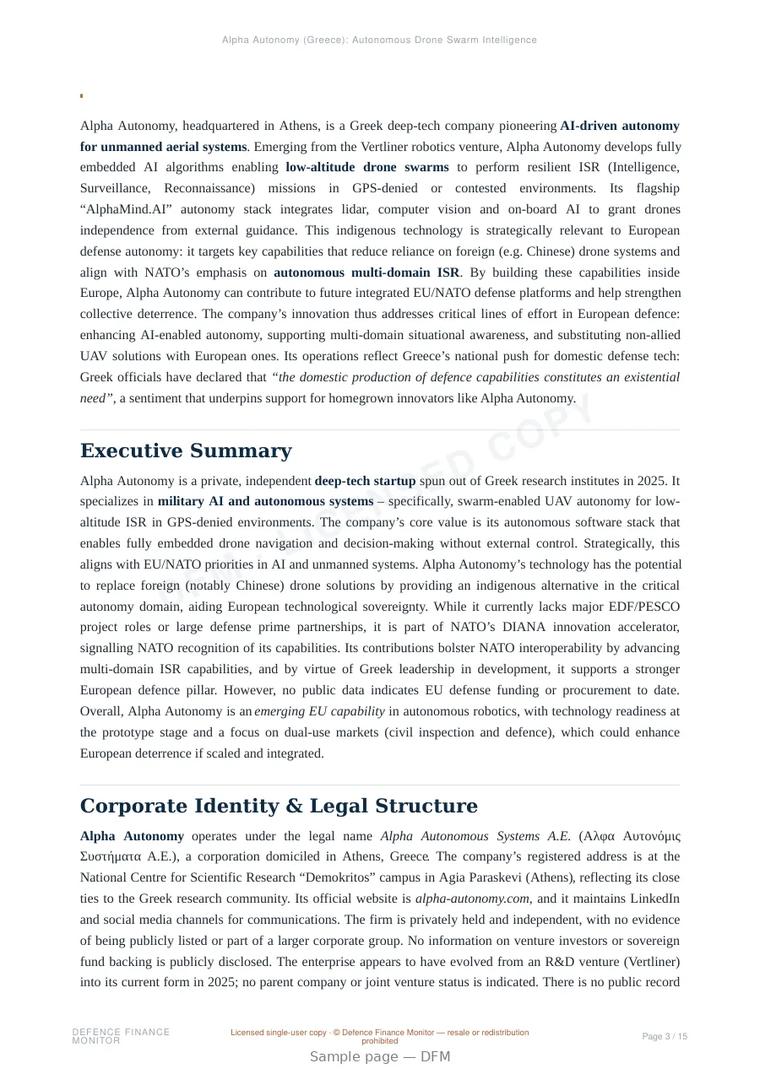 Sample page from “Alpha Autonomy (Greece): Autonomous Drone Swarm Intelligence for Contested Environments” — 16-page report