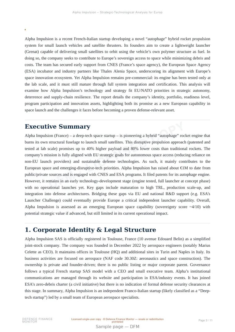 Sample page from “Alpha Impulsion — France launch systems company” — 12-page report