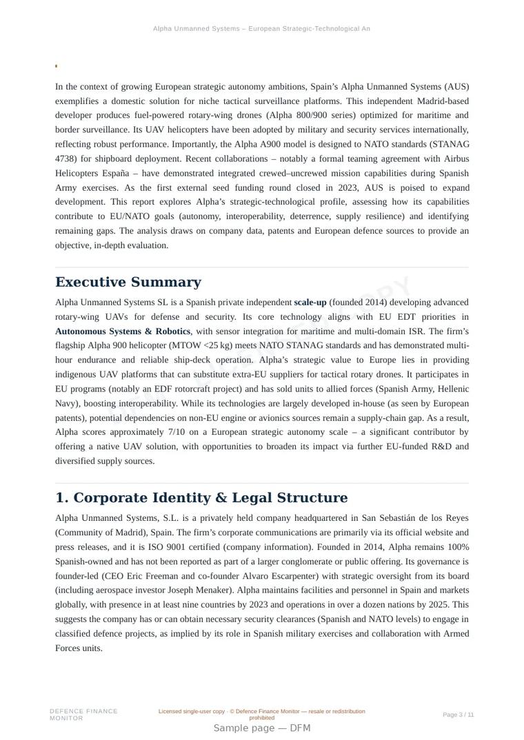 Sample page from “Alpha Unmanned Systems – European Strategic-Technological Analysis” — 12-page report