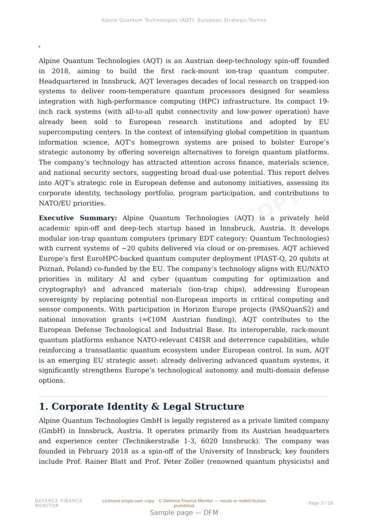 Sample page from “Alpine Quantum Technologies (AQT) — Austria quantum company” — 20-page report