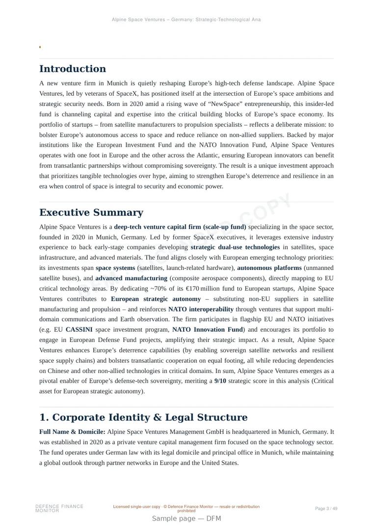 Sample page from “Alpine Space Ventures” — 50-page report