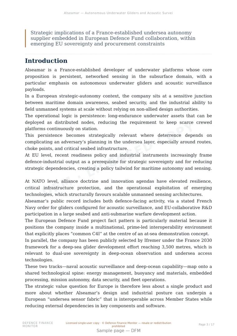 Sample page from “Alseamar — Autonomous Underwater Gliders and Acoustic Surveillance Systems for Persistent Maritime Sensing” — 18-page report