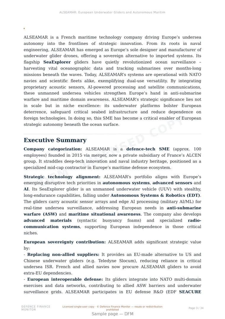 Sample page from “ALSEAMAR: European Underwater Gliders and Autonomous Maritime Surveillance Systems” — 35-page report