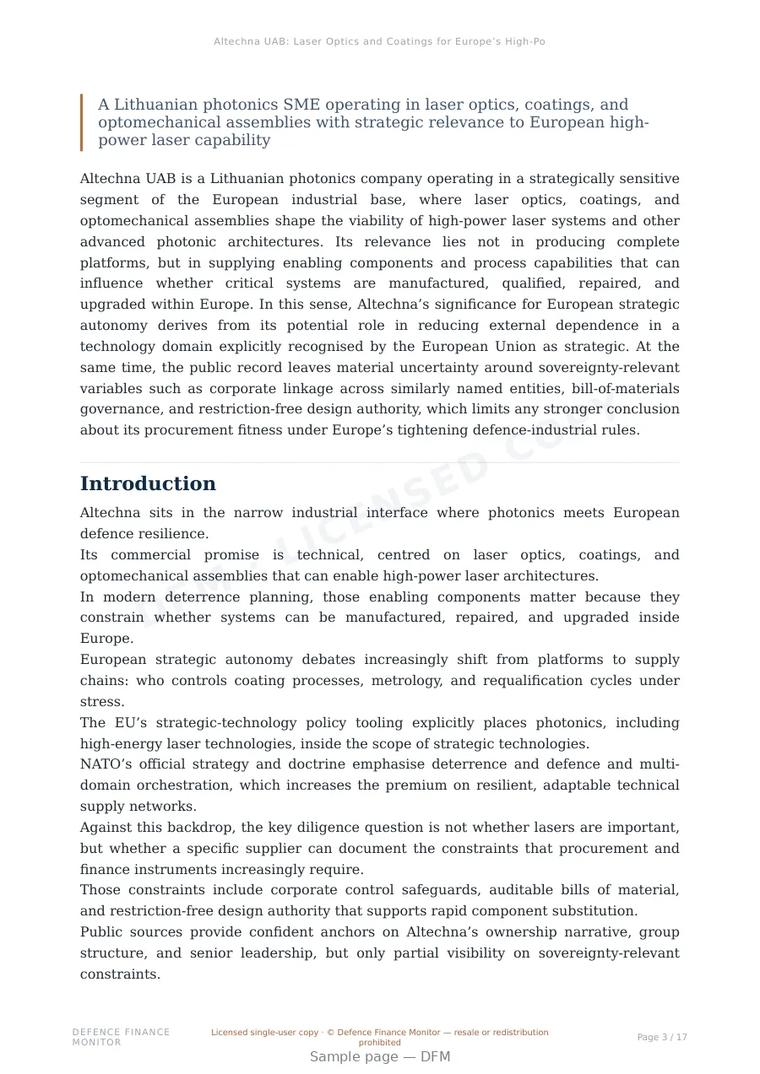 Sample page from “Altechna UAB: Laser Optics and Coatings for Europe’s High-Power Photonics Supply Chain” — 18-page report