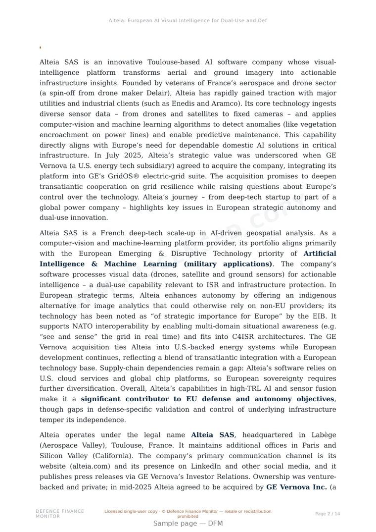 Sample page from “Alteia: European AI Visual Intelligence for Dual-Use and Defense Autonomy” — 15-page report