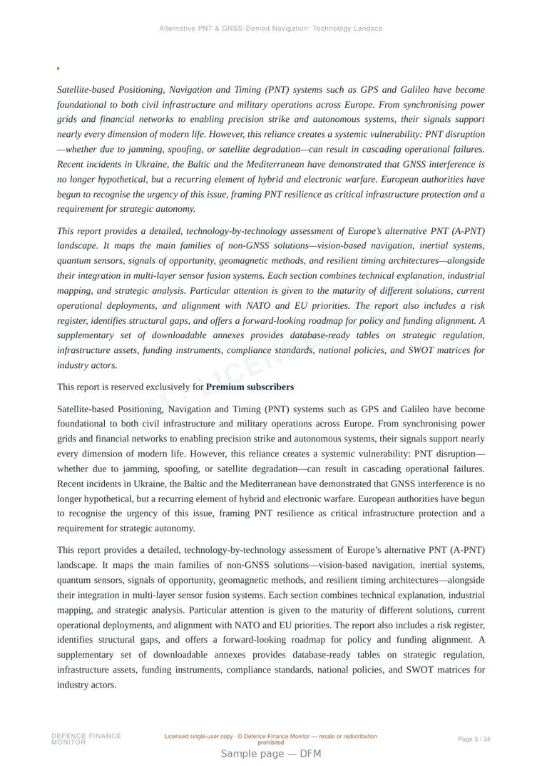Sample page from “Alternative PNT & GNSS-Denied Navigation: Technology Landscape & European Strategic Autonomy” — 35-page report