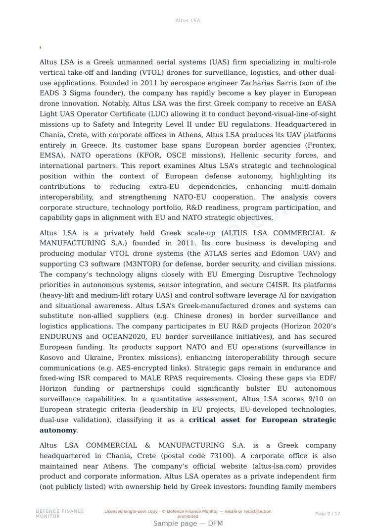Sample page from “Altus LSA” — 18-page report