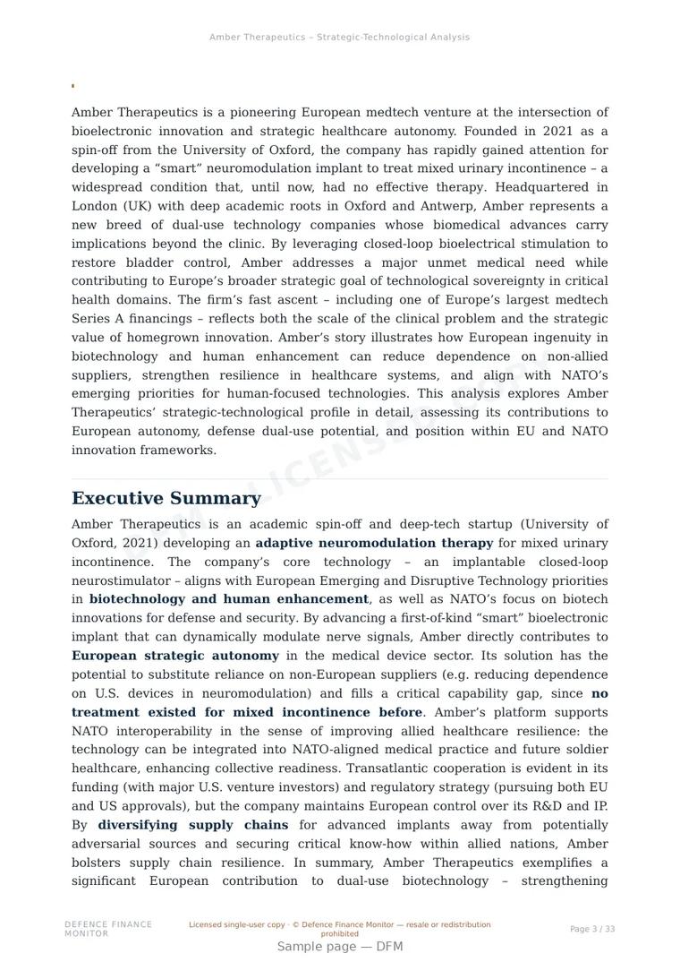 Sample page from “Amber Therapeutics — United Kingdom military medical tech company” — 34-page report