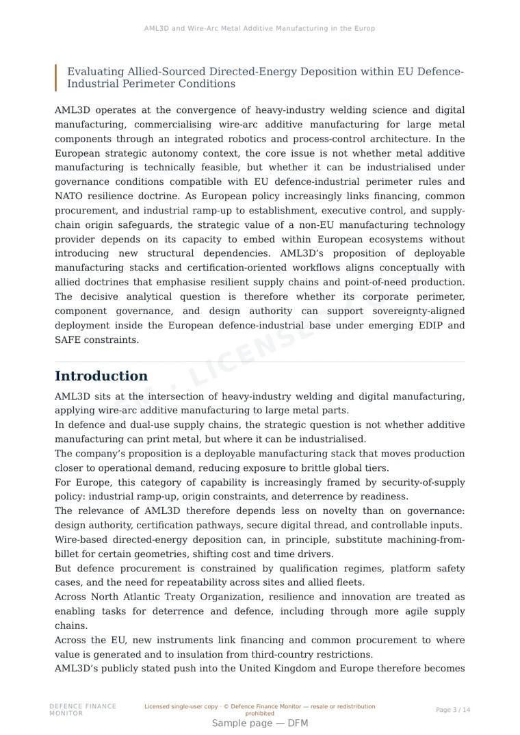 Sample page from “AML3D and Wire-Arc Metal Additive Manufacturing in the European Strategic Autonomy Framework” — 15-page report