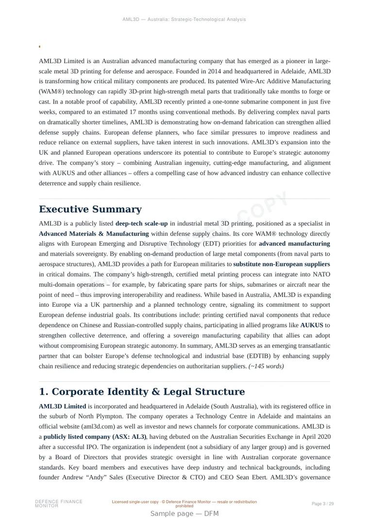 Sample page from “AML3D Limited — Australia additive manufacturing company” — 30-page report