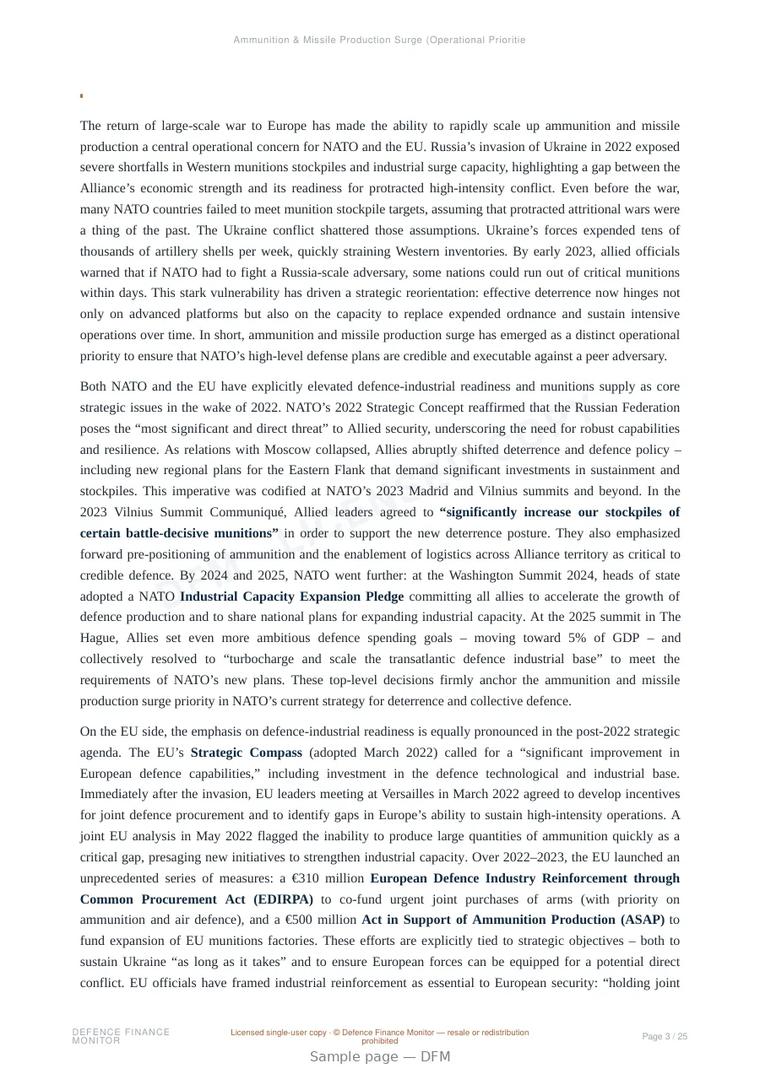 Sample page from “Ammunition & Missile Production Surge (Operational Priorities)” — 26-page report