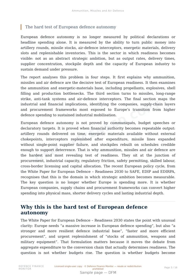 Sample page from “Ammunition, Missiles and Air Defence” — 17-page report