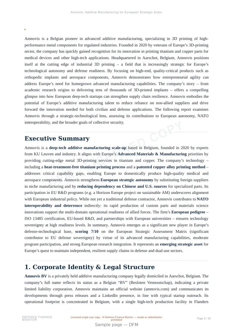 Sample page from “Amnovis: Additive Manufacturing for European Strategic Autonomy” — 33-page report