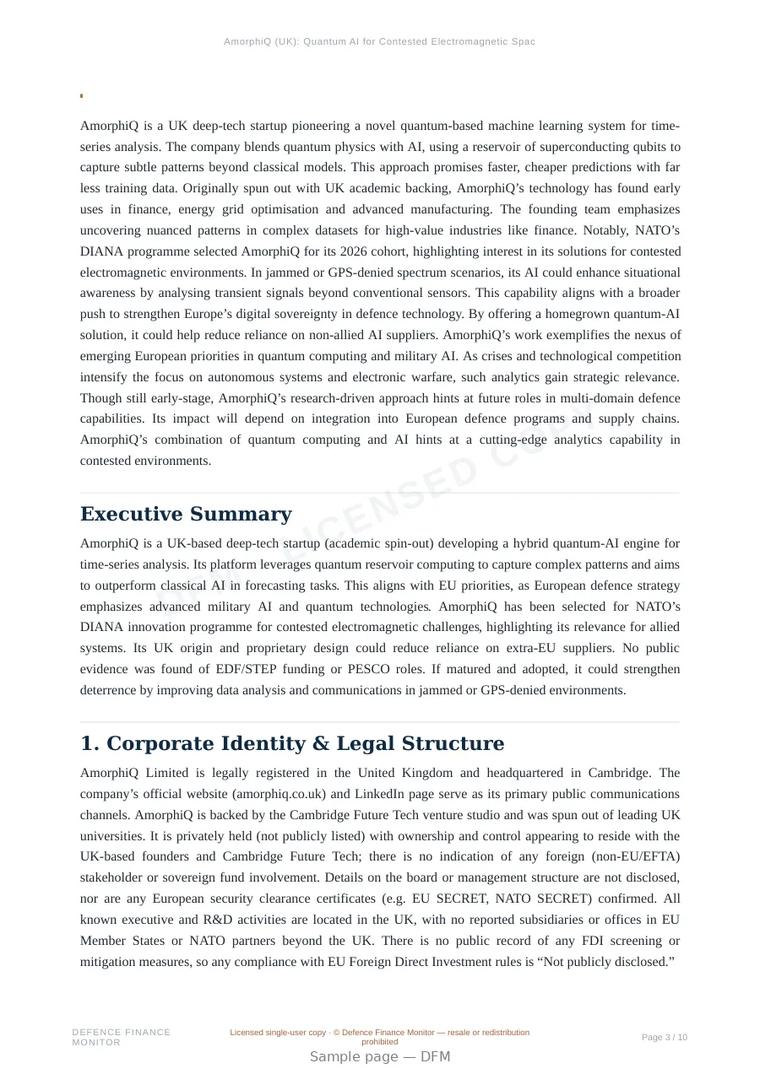 Sample page from “AmorphiQ (UK): Quantum AI for Contested Electromagnetic Spaces” — 11-page report