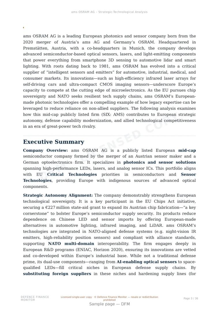 Sample page from “ams OSRAM AG — Austria electro-optical company” — 37-page report