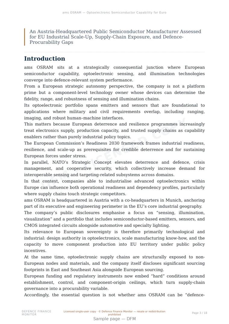Sample page from “ams OSRAM — Optoelectronic Semiconductor Capability for European Strategic Autonomy” — 19-page report