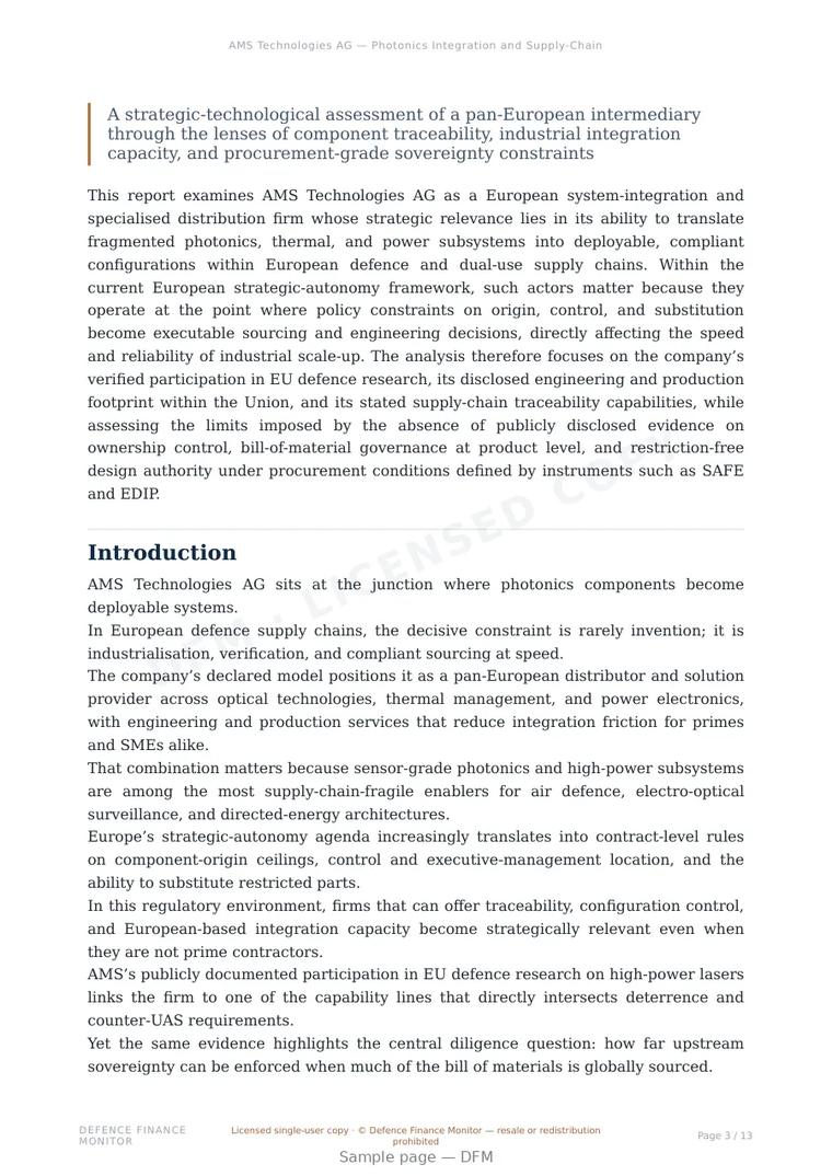 Sample page from “AMS Technologies AG — Photonics Integration and Supply-Chain Orchestration for European Defence Readiness” — 14-page report