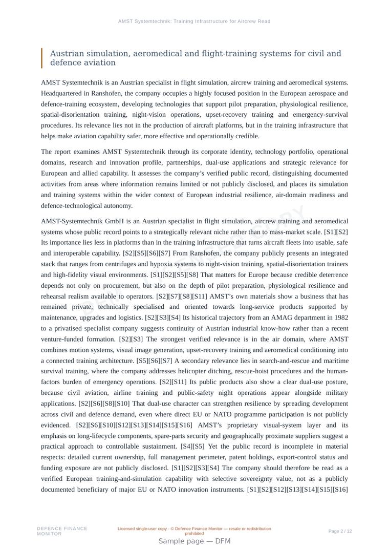 Sample page from “AMST Systemtechnik: Training Infrastructure for Aircrew Readiness” — 13-page report