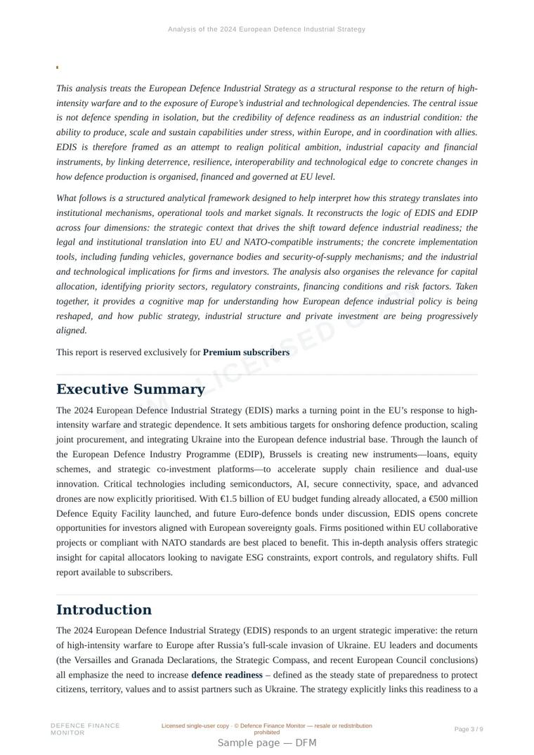 Sample page from “Analysis of the 2024 European Defence Industrial Strategy” — 10-page report
