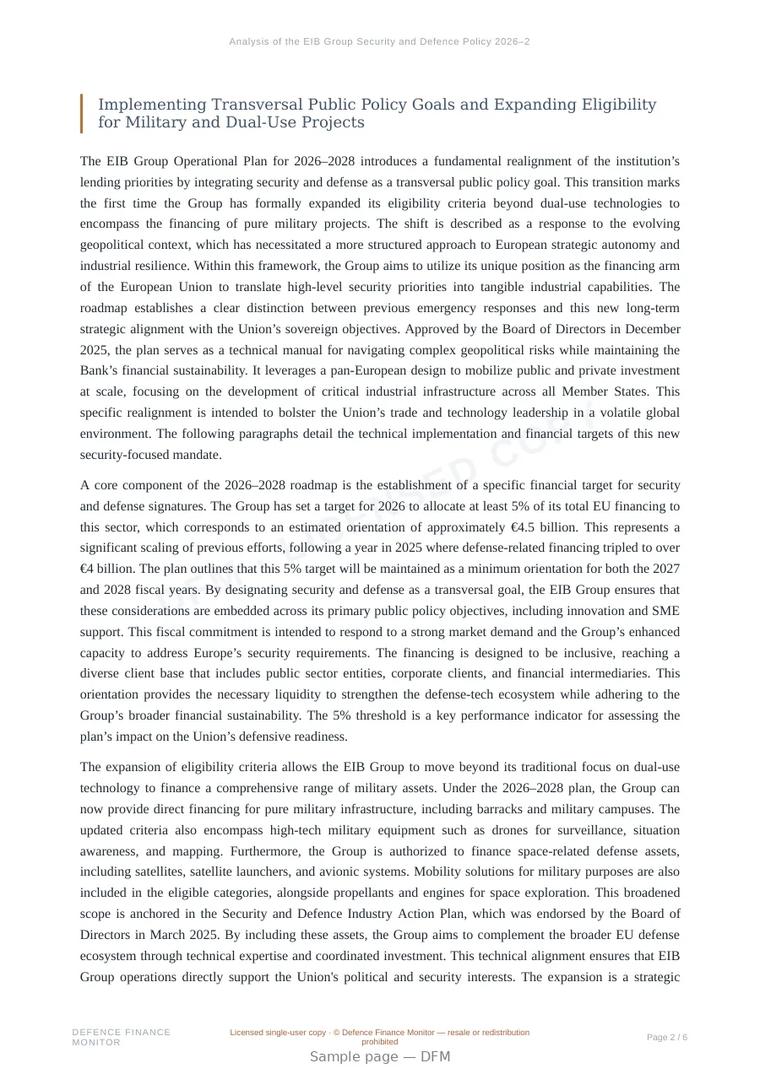 Sample page from “Analysis of the EIB Group Security and Defence Policy 2026–2028” — 7-page report
