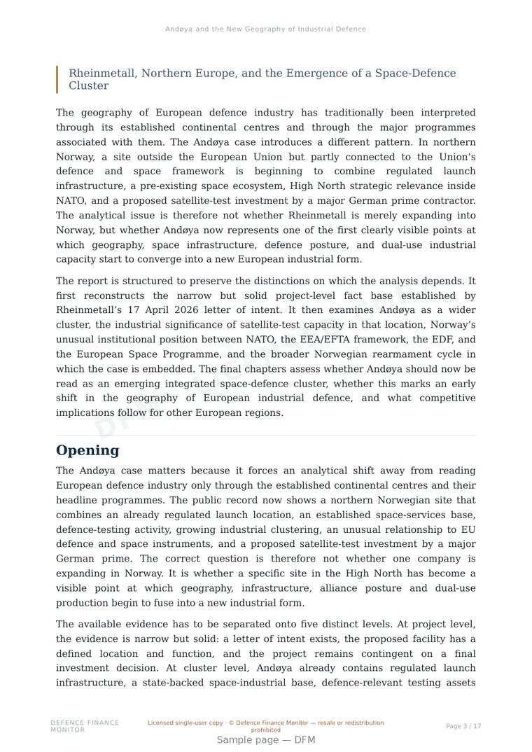 Sample page from “Andøya and the New Geography of Industrial Defence” — 18-page report