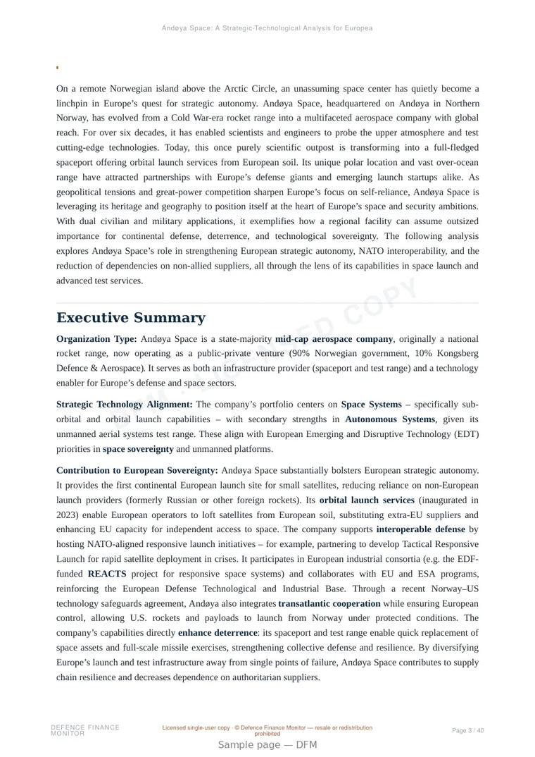 Sample page from “Andoya Space — Norway launch systems company” — 41-page report