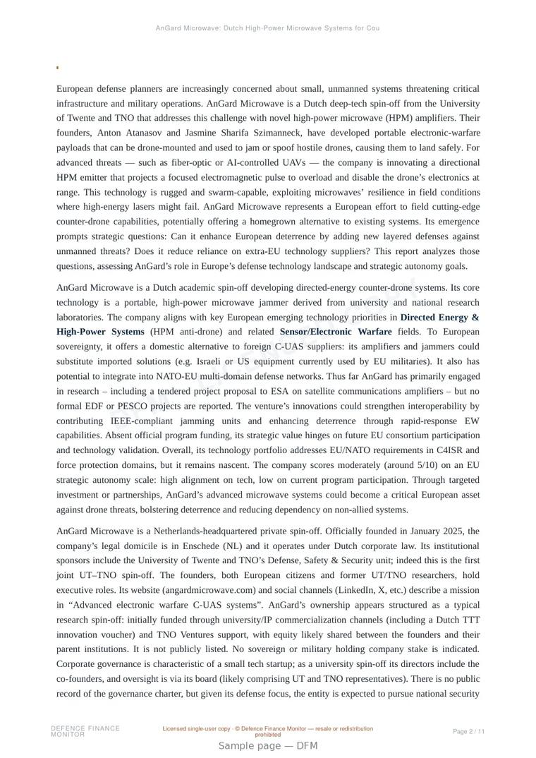 Sample page from “AnGard Microwave: Dutch High-Power Microwave Systems for Counter-Drone Defense” — 12-page report