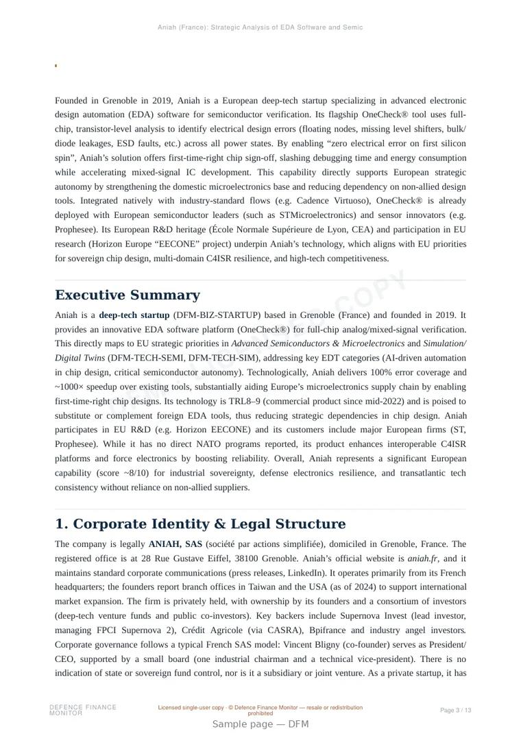 Sample page from “Aniah (France): Strategic Analysis of EDA Software and Semiconductor Sovereignty” — 14-page report