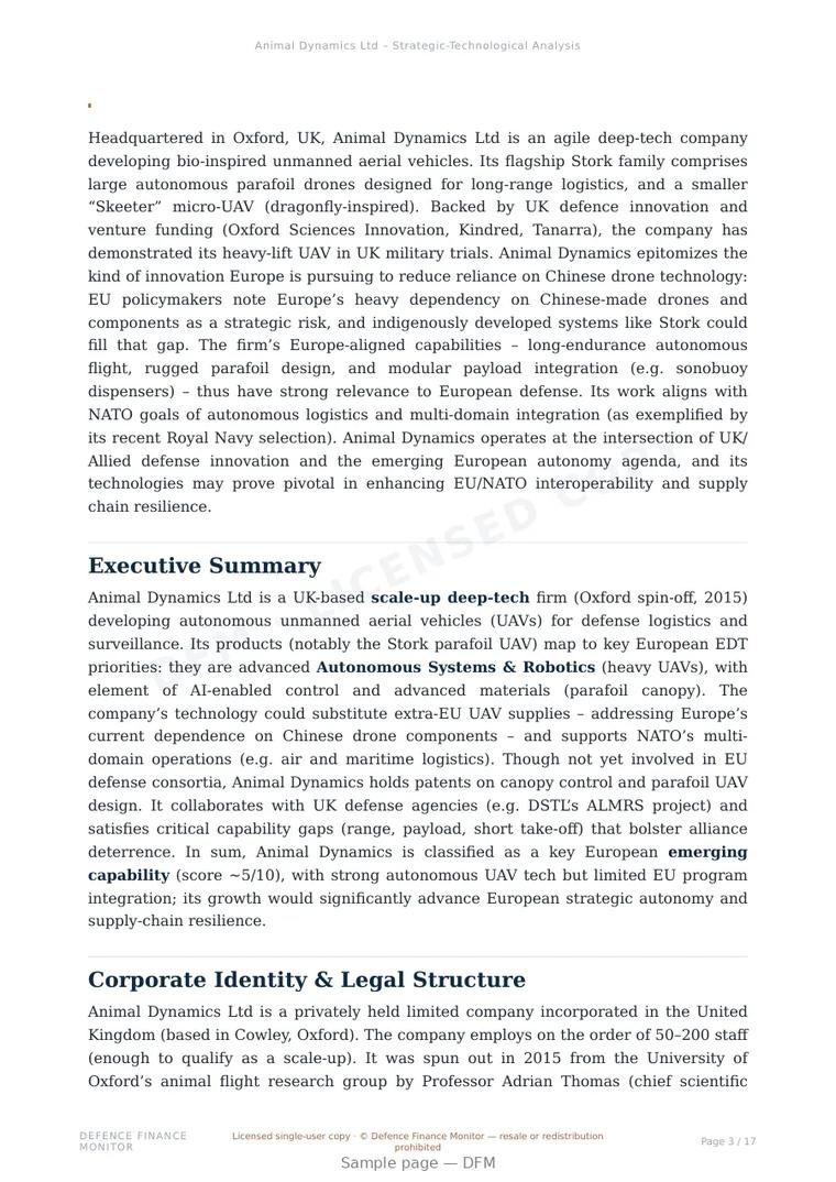 Sample page from “Animal Dynamics Ltd — United Kingdom unmanned aerial systems company” — 18-page report
