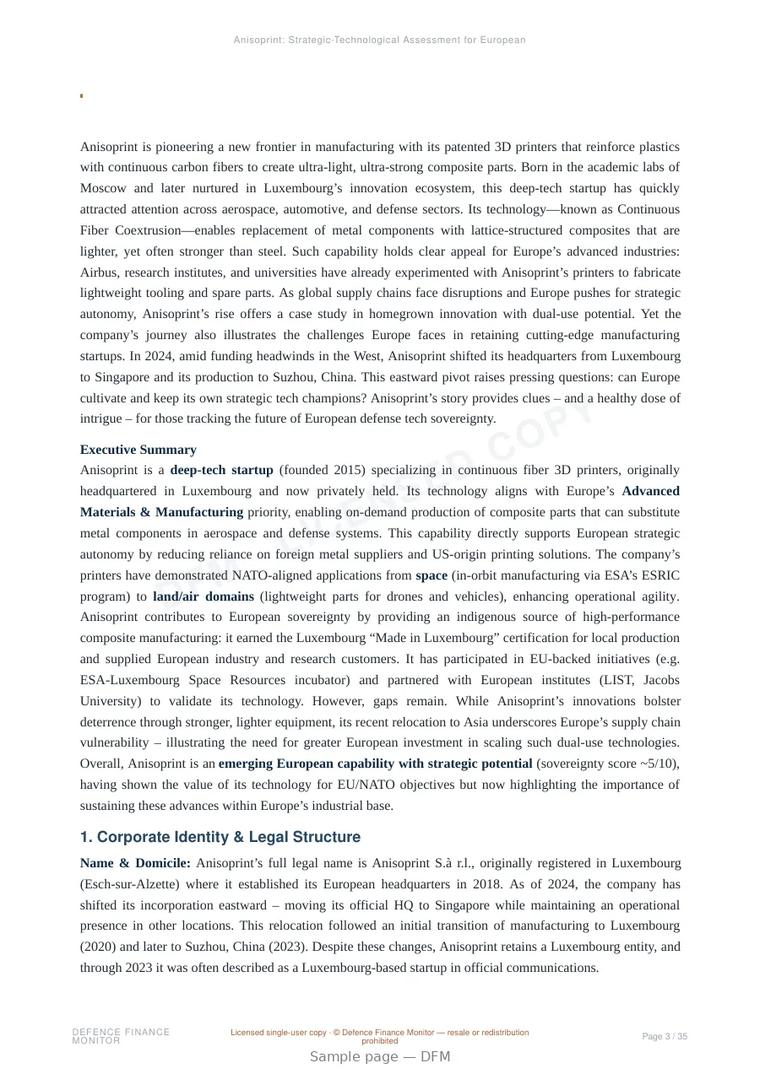 Sample page from “Anisoprint: Strategic-Technological Assessment for European Defense and Dual-Use Autonomy” — 36-page report