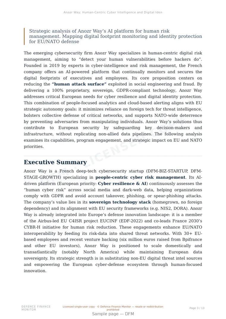 Sample page from “Anozr Way: Human-Centric Cyber Intelligence and Digital Identity Protection” — 14-page report
