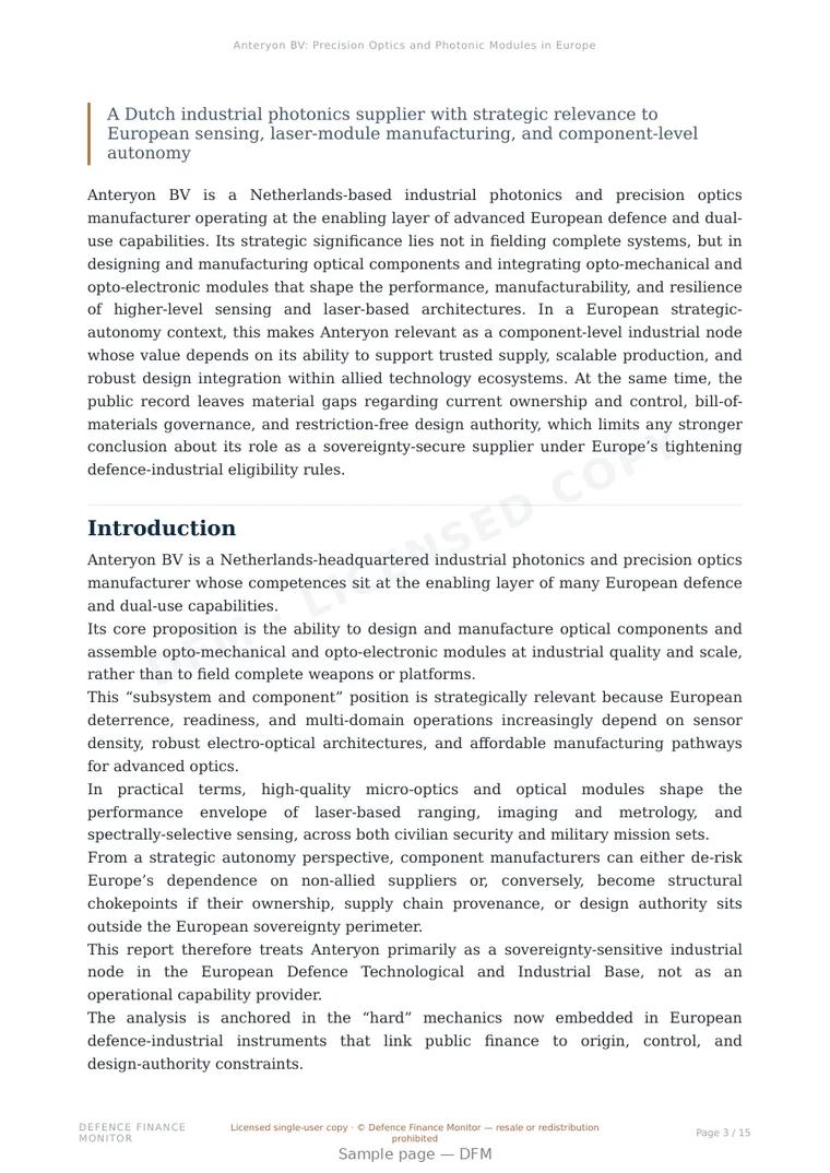 Sample page from “Anteryon BV: Precision Optics and Photonic Modules in Europe’s Defence-Industrial Supply Chain” — 16-page report