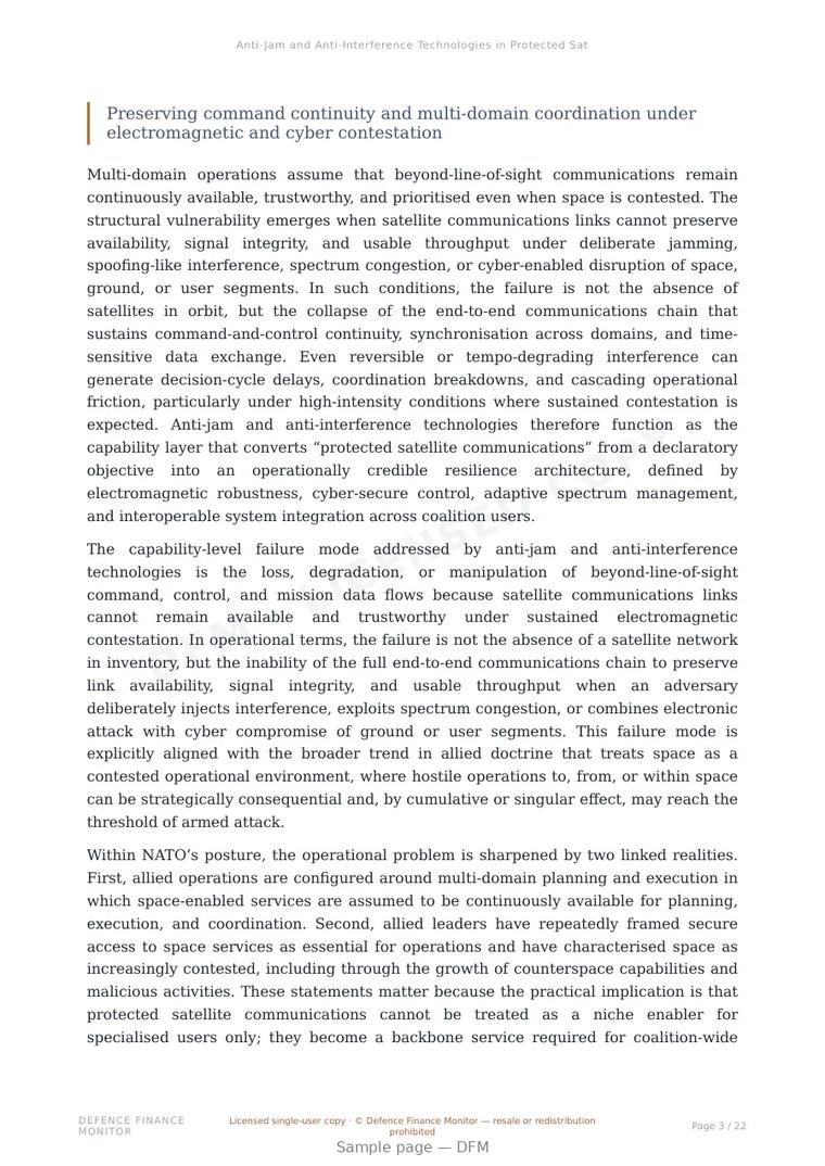 Sample page from “Anti-Jam and Anti-Interference Technologies in Protected Satellite Communications” — 23-page report