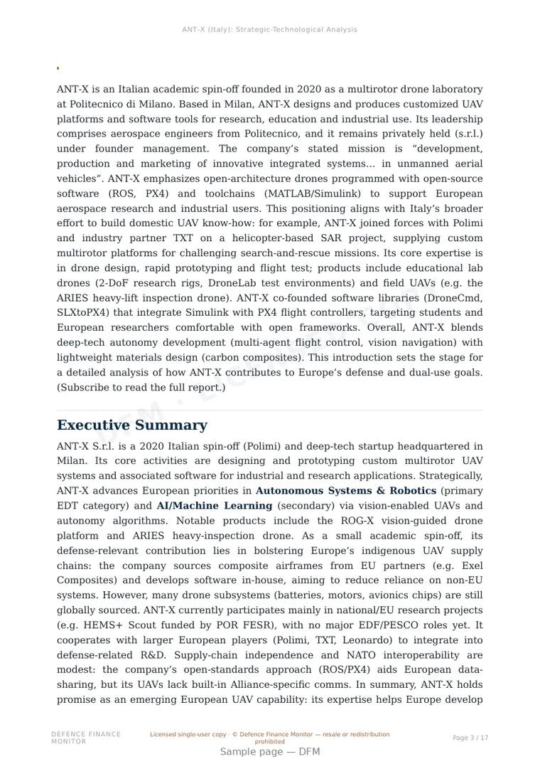 Sample page from “ANT-X — Italy unmanned aerial systems company” — 18-page report
