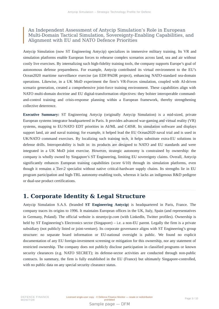 Sample page from “Antycip Simulation – Strategic Technology Profile for Defence and Training” — 11-page report