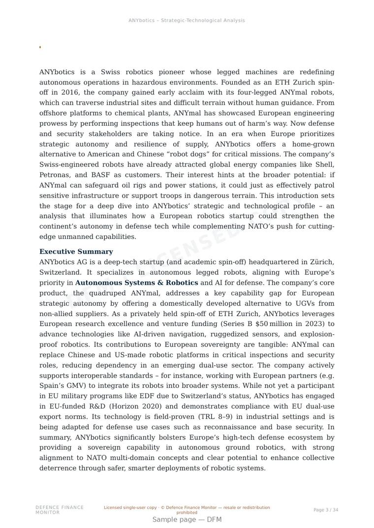 Sample page from “ANYbotics — Switzerland unmanned ground systems company” — 35-page report
