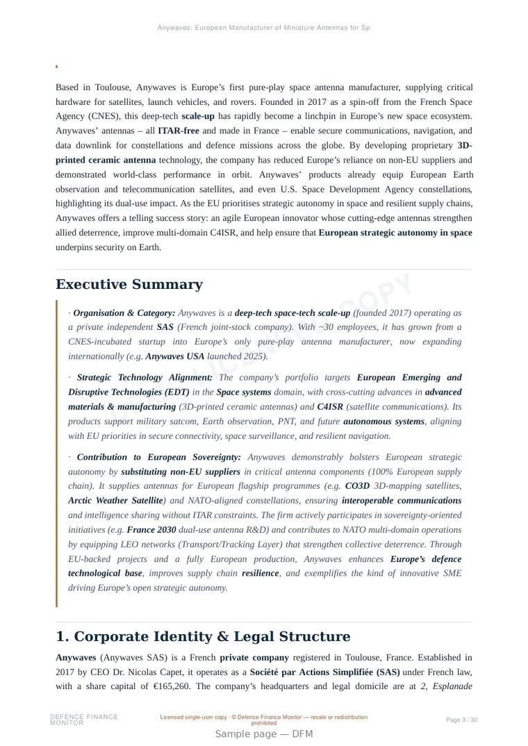 Sample page from “Anywaves: European Manufacturer of Miniature Antennas for Space and Dual-Use Applications” — 31-page report