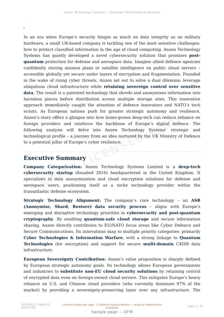 Sample page from “Anzen Technology Systems — United Kingdom cybersecurity company” — 39-page report