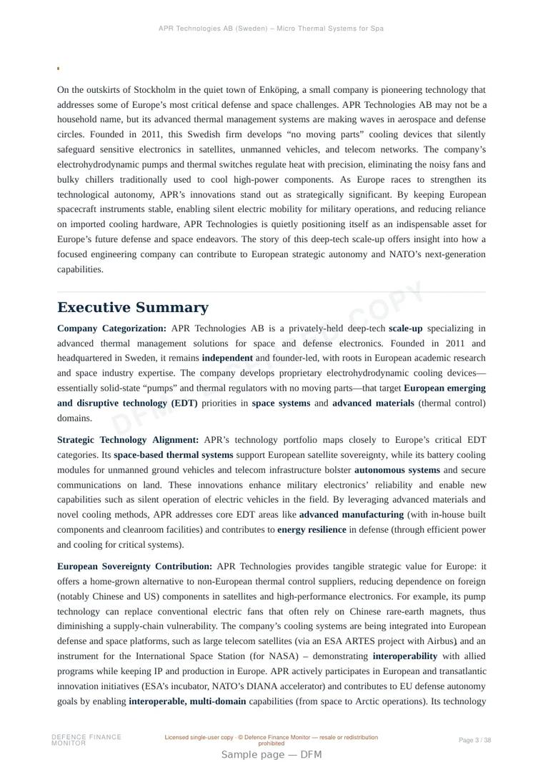 Sample page from “APR Technologies AB” — 39-page report
