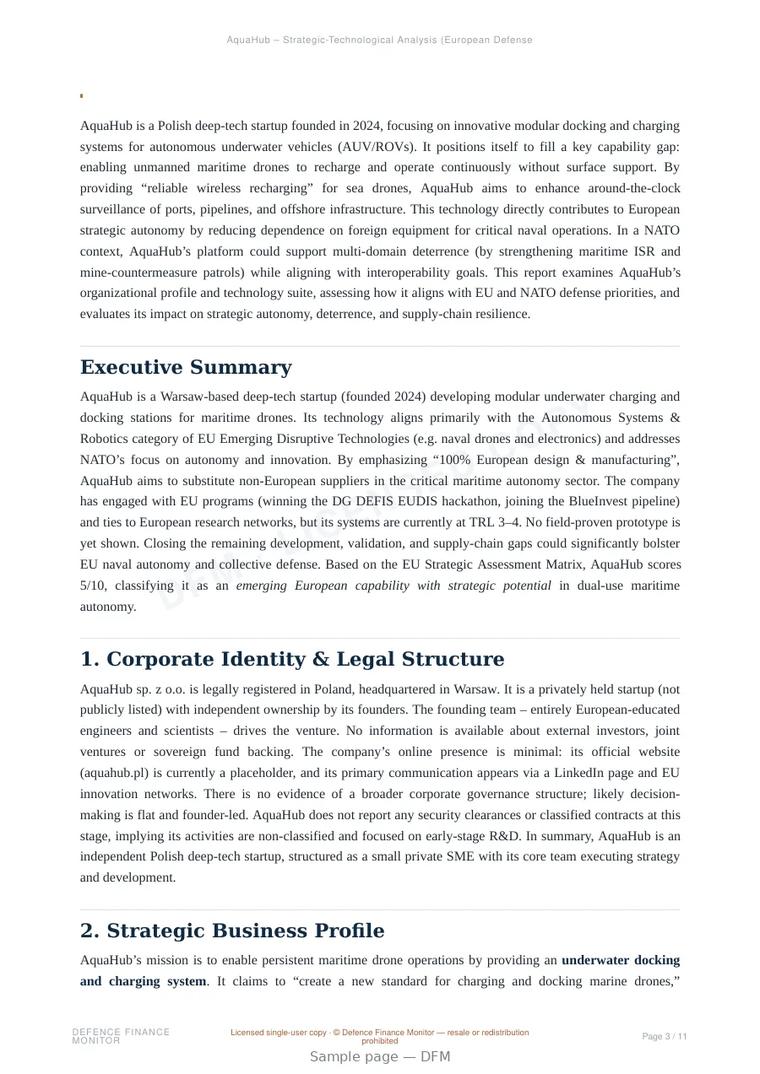 Sample page from “AquaHub — Poland autonomy company” — 12-page report