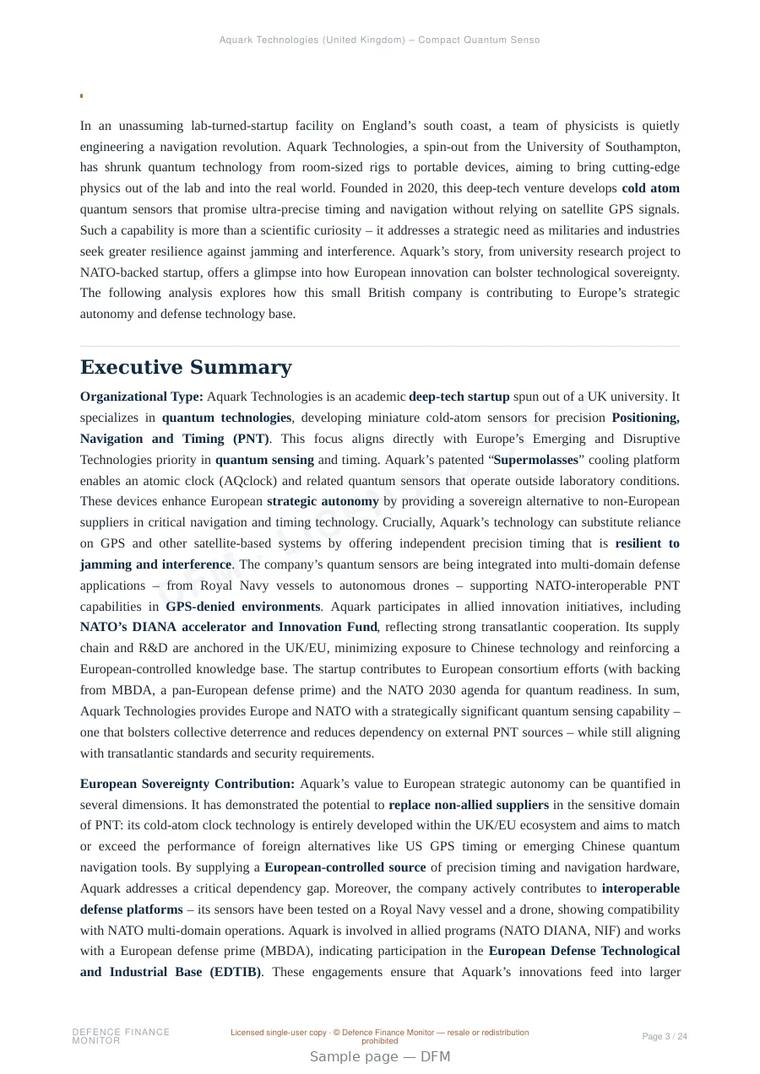 Sample page from “Aquark Technologies (United Kingdom) – Compact Quantum Sensors for Navigation and Defense” — 25-page report