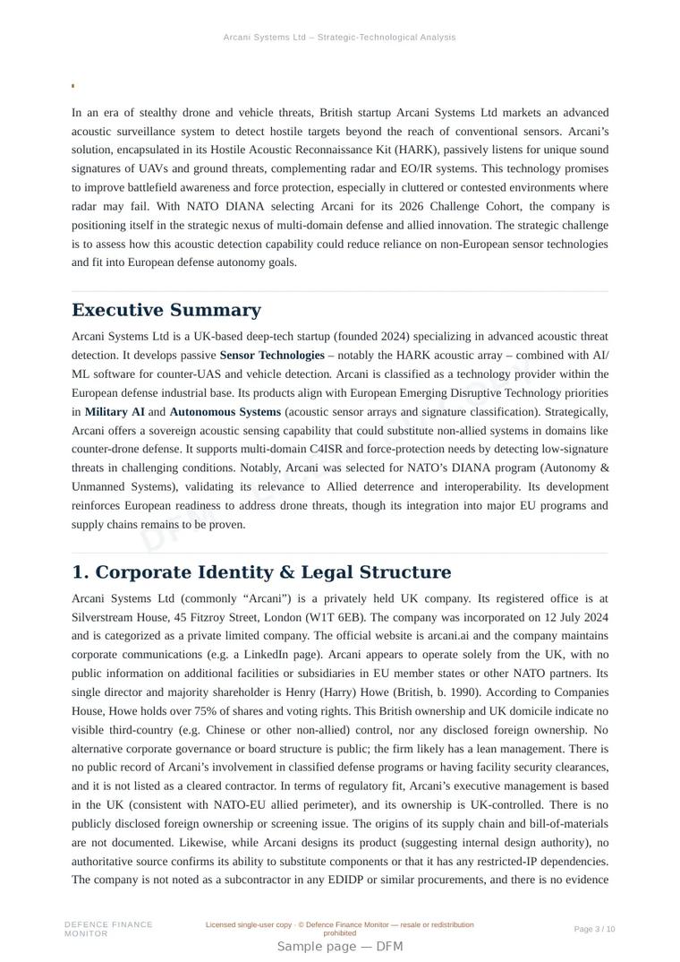 Sample page from “Arcani Systems Ltd — autonomous systems company” — 11-page report