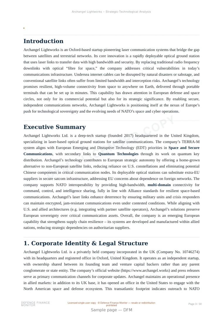 Sample page from “Archangel Lightworks — United Kingdom satellite communications company” — 31-page report