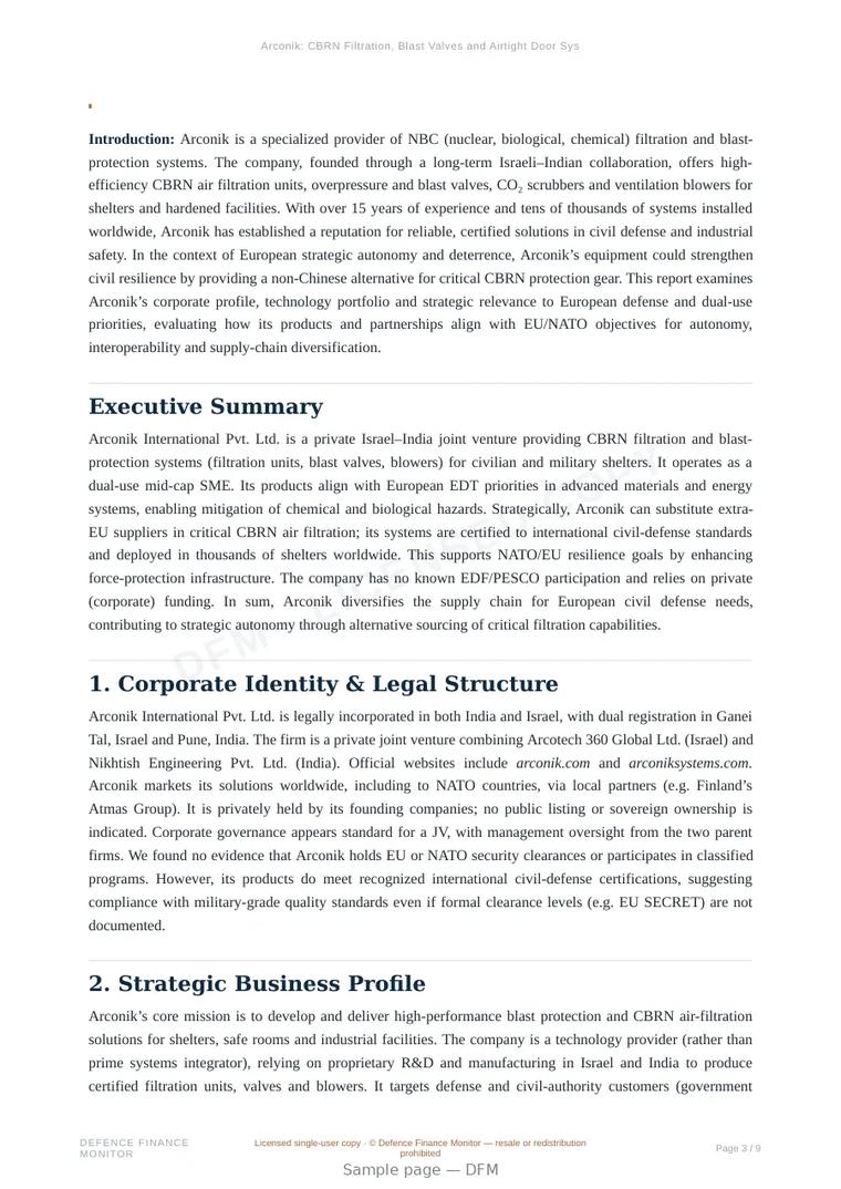 Sample page from “Arconik: CBRN Filtration, Blast Valves and Airtight Door Systems for Bunkers and Hardened Shelters” — 10-page report